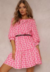 Różowa Sukienka z Paskiem Kaliphae. Czerwone sukienki Renee, m, z aplikacjami, bez kołnierzyka, bez ramiączek, midi, rozkloszowane. Za 49.99 zł.