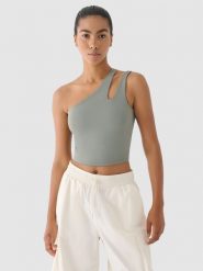 4F Crop top treningowy na jedno ramię 4F x Anna Lewandowska - khaki L. Brązowe koszulki sportowe 4f, bez wzorów, z dzianiny, bez ramiączek, na fitness i siłownię. Za 129.99 zł.