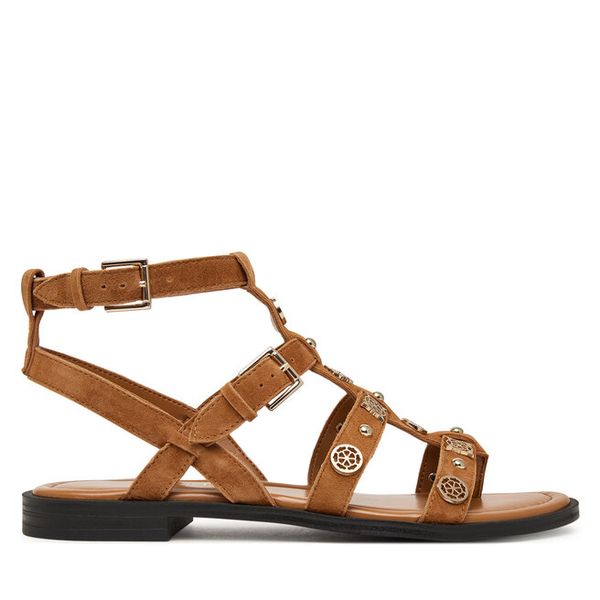 Sandały Guess. Brązowe sandały Guess, z aplikacjami, bez obcasa, na płaskiej podeszwie, bez zapięcia. Za 549.99 zł.
