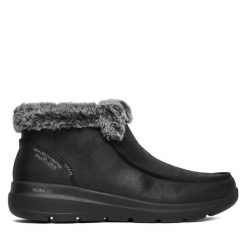 Botki Skechers. Czarne botki Skechers, bez wzorów, bez obcasa, na płaskiej podeszwie, bez zapięcia. Za 399.99 zł.