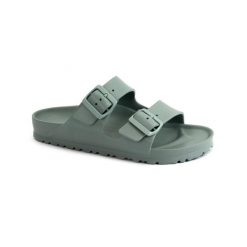 Klapki damskie Birkenstock Arizona Eva Pure Sage. Zielone klapki Birkenstock, bez wzorów, z materiału, bez obcasa. Za 374.00 zł.