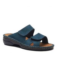 Comfortfusse Skórzane klapki w kolorze niebieskim rozmiar: 40. Niebieskie klapki Comfortfüße, bez wzorów, z nubiku, z otwartym noskiem, bez obcasa. Za 250.94 zł.
