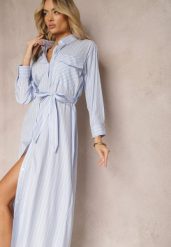 Niebieska Sukienka w Paski w Koszulowym Stylu z Paskiem i Długim Rękawem Desperse. Niebieskie sukienki Renee, l, bez wzorów, eleganckie, bez kołnierzyka, bez ramiączek, koszulowe. Za 109.99 zł.