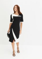 Sukienka ołówkowa. Czarne sukienki bonprix, bez wzorów, klasyczne, bez kołnierzyka, bez ramiączek, dopasowane. Za 139.99 zł.
