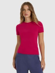 4F T-shirt z prążkowanej dzianiny z modalem damski - różowy XL. Czerwone t-shirty 4f, xl, bez wzorów, z dzianiny, bez kołnierzyka, bez ramiączek. Za 79.99 zł.