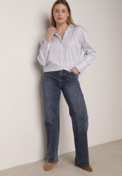 Niebieskie Jeansy z Wysokim Stanem i Szerokimi Nogawkami Henivia. Niebieskie jeansy Born2be, l, bez wzorów, z podwyższonym stanem. Za 129.99 zł.