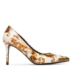 Szpilki Versace Jeans Couture. Białe szpilki Versace Jeans Couture, bez wzorów, z jeansu, bez obcasa, na szpilce, bez zapięcia. Za 989.99 zł.