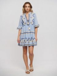 BLE Sukienka w kolorze błękitnym rozmiar: onesize. Niebieskie sukienki BLE, bez wzorów, z bawełny, bez kołnierzyka, bez ramiączek, mini, rozkloszowane. Za 127.35 zł.