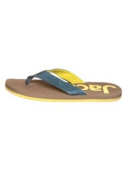 Jack Wolfskin Japonki "Eezy" w kolorze żółto-niebiesko-beżowym rozmiar: 39,5. Brązowe klapki Jack Wolfskin, bez wzorów, z otwartym noskiem, bez obcasa. Za 65.69 zł.