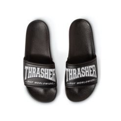 Klapki basenowe unisex HUF x Thrasher. Czarne klapki HUF, bez wzorów, bez obcasa. Za 144.00 zł.