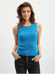 Orsay Top dzianinowy w kolorze niebieskim rozmiar: M. Niebieskie koszulki sportowe Orsay, bez wzorów, z dzianiny, bez ramiączek. Za 48.05 zł.