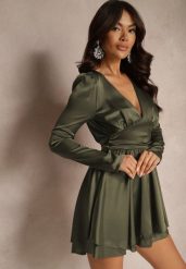Zielona Satynowa Sukienka Mini z Falbankami i Paskiem z Tyłu w Talii Catriona. Zielone sukienki Renee, na co dzień, m, bez wzorów, z satyny, eleganckie, bez kołnierzyka, bez ramiączek, mini, kopertowe. Za 99.99 zł.