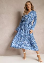 Niebieska Sukienka Kopertowa z Wiązanym Paskiem i Fantazyjnym Printem Nevilia. Niebieskie sukienki Renee, l, bez wzorów, z materiału, bez kołnierzyka, bez ramiączek, maxi, kopertowe. Za 54.99 zł.