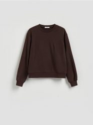 Gładka bluza z bawełną - ciemnobrązowy. Brązowe bluzy Reserved, l, bez wzorów, z bawełny, bez kaptura. Za 69.99 zł.