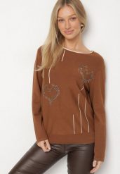 Brązowy Sweter Ozdobiony Sercami z Cyrkonii Unaressa. Brązowe swetry Born2be, l, z aplikacjami, z jeansu, bez ramiączek. Za 79.99 zł.