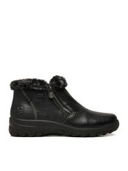 Rieker Botki CEO-L7172-00 Czarny. Czarne botki Rieker, bez wzorów, z materiału, bez obcasa, na płaskiej podeszwie, bez zapięcia. Za 379.99 zł.