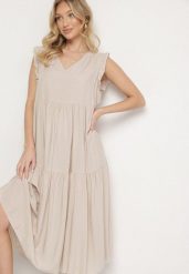 Jasnobeżowa Bawełniana Sukienka Ozdobiona Falbankami Aveliova. Brązowe sukienki Born2be, na co dzień, l, bez wzorów, z bawełny, eleganckie, bez kołnierzyka, bez ramiączek, midi, proste. Za 39.99 zł.