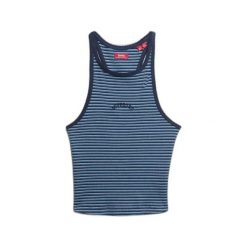 Tank top w paski z plecami w stylu sportowym i logo dla kobiet Superdry Essentia. Niebieskie topy Superdry, bez wzorów, bez kołnierzyka, bez ramiączek. Za 106.45 zł.