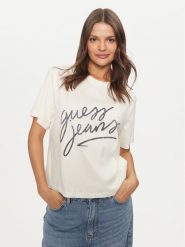 Guess Jeans T-Shirt W4BI54 K8HM0 Écru Boxy Fit. T-shirty Guess Jeans, l, z aplikacjami, z bawełny, bez kołnierzyka, bez ramiączek. Za 169.99 zł.
