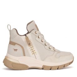 Botki Mustang. Białe botki Mustang, bez wzorów, bez obcasa, na płaskiej podeszwie, bez zapięcia. Za 349.99 zł.