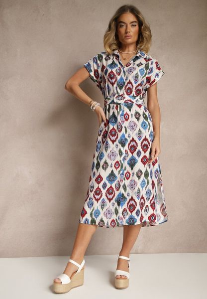 Niebieska Sukienka z Wiskozą o Koszulowym Kroju z Paskiem z Klamrą w Etno Print Jenavianea. Niebieskie sukienki Renee, na co dzień, l, bez wzorów, z wiskozy, eleganckie, bez kołnierzyka, bez ramiączek, midi, kopertowe. Za 99.99 zł.