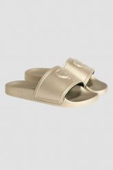 KARL LAGERFELD Złote klapki damskie KONDO 2.0 Karl NFT Relief. Żółte klapki KARL LAGERFELD, bez wzorów, bez obcasa. W wyprzedaży za 279.99 zł.