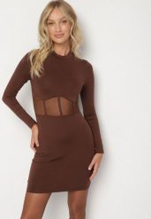 Brązowa Dopasowana Sukienka Vices Ozdobiona Gorsetową Przezroczystą Górą Axerne. Brązowe sukienki Born2be, l, bez wzorów, eleganckie, bez kołnierzyka, bez ramiączek, mini, dopasowane. Za 79.99 zł.