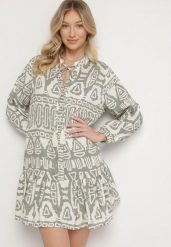 Zielona Wiskozowa Sukienka w Etniczny Wzór o Rozkloszowanym Kroju z Wiązaniem Nalpio. Zielone sukienki Born2be, na co dzień, l, bez wzorów, z materiału, eleganckie, bez kołnierzyka, bez ramiączek, mini, rozkloszowane. Za 109.99 zł.