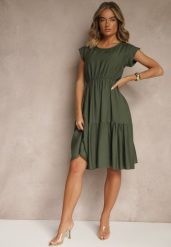 Ciemnozielona Rozkloszowana Sukienka z Wiskozy Linurea. Zielone sukienki Renee, na co dzień, bez wzorów, z wiskozy, eleganckie, bez kołnierzyka, bez ramiączek, midi, rozkloszowane. Za 79.99 zł.