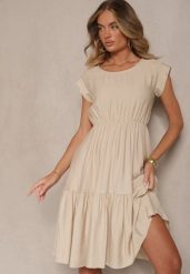 Beżowa Rozkloszowana Sukienka z Wiskozy Linurea. Brązowe sukienki Renee, na co dzień, bez wzorów, z wiskozy, eleganckie, bez kołnierzyka, bez ramiączek, midi, rozkloszowane. Za 69.99 zł.