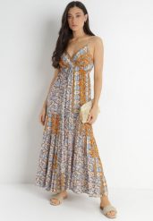 Jasnobeżowa Sukienka Olynome. Brązowe sukienki Born2be, na lato, l, bez wzorów, z wiskozy, boho, bez kołnierzyka, bez ramiączek, maxi, kopertowe. Za 29.99 zł.