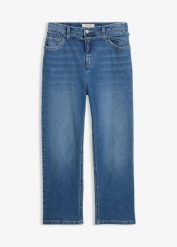 Jeansy straight, high waist, cropped. Niebieskie jeansy bonprix, bez wzorów, z podwyższonym stanem. Za 154.99 zł.