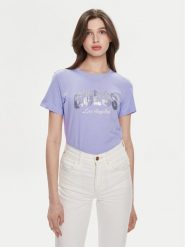 Guess T-Shirt Ss Rn Sequins Logo T W4GI31 I3Z14 Fioletowy Regular Fit. Fioletowe t-shirty Guess, xs, z aplikacjami, z bawełny, bez kołnierzyka, bez ramiączek. Za 69.99 zł.