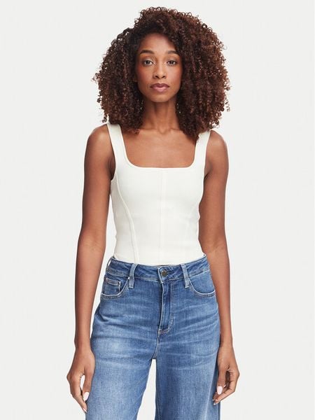 Guess Top W6YZ08 Z0979 Kremowy Slim Fit. Białe topy Guess, m, z aplikacjami, z syntetyku, bez kołnierzyka, bez ramiączek. Za 214.99 zł.