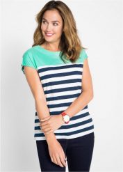 T-shirt z przędzy mieszankowej, krótki rękaw. Zielone t-shirty bonprix, bez wzorów, bez kołnierzyka, bez ramiączek. Za 49.99 zł.