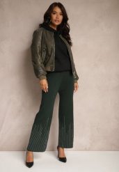 Ciemnozielone Spodnie o Szerokim Kroju High Waist z Cyrkoniami i Gumką w Pasie Loreitha. Zielone spodnie materiałowe Renee, na co dzień, z aplikacjami, z jeansu, z podwyższonym stanem. Za 69.99 zł.