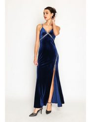 ASSUILI Aksamitna sukienka w kolorze granatowym rozmiar: 40. Niebieskie sukienki Assuili, bez wzorów, klasyczne, bez kołnierzyka, bez ramiączek, maxi. Za 152.99 zł.