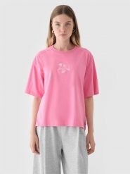 4F T-shirt oversize z nadrukiem damski - różowy XS. Czerwone t-shirty 4f, xs, bez wzorów, z bawełny, bez kołnierzyka, bez ramiączek. W wyprzedaży za 29.99 zł.