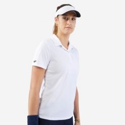 Koszulka polo tenisowa damska Artengo Dry Essential 100. Białe koszulki polo ARTENGO, l, bez wzorów, z materiału, bez kołnierzyka, bez ramiączek. Za 29.99 zł.