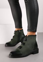 Zielone Płaskie Botki Ozdobione Metalowymi Aplikacjami Cetirra. Zielone botki Renee, z aplikacjami, z dzianiny, bez obcasa, na płaskiej podeszwie, bez zapięcia. Za 179.99 zł.
