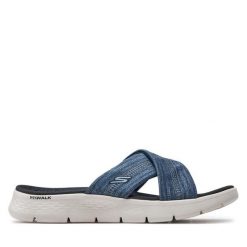 Klapki Skechers. Niebieskie klapki Skechers, bez wzorów, bez obcasa. Za 229.99 zł.