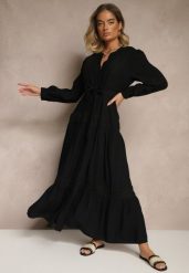 Czarna Wiskozowa Sukienka o Rozkloszowanym Kroju z Wiązanym Paskiem i Koronką Reisavien. Czarne sukienki Renee, na co dzień, l, bez wzorów, z koronki, eleganckie, bez kołnierzyka, bez ramiączek, maxi, rozkloszowane. Za 129.99 zł.