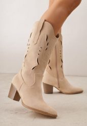 Beżowe Botki Typu Kowbojki VICES na Obcasie z Ażurową Cholewką Eranata. Brązowe botki Born2be, w ażurowe wzory, z jeansu, bez obcasa, na obcasie, bez zapięcia. Za 179.99 zł.