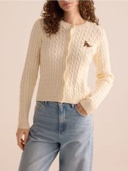 Kardigan z haftem - kremowy. Białe kardigany Reserved, l, bez wzorów, z bawełny. Za 129.99 zł.