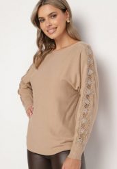 Ciemnobeżowy Sweter z Wiskozą Ozdobiony Cyrkoniami na Rękawach Reninna. Brązowe swetry Born2be, m, z aplikacjami, z jeansu, bez ramiączek. Za 89.99 zł.