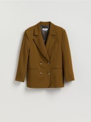 Dwurzędowa marynarka z wiskozą - warm olive. Zielone marynarki i żakiety Reserved, l, bez wzorów, z tkaniny. Za 259.99 zł.