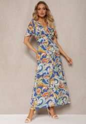 Niebieska Rozkloszowana Sukienka z Bawełny o Kopertowym Kroju w Print Paisley Piavella. Niebieskie sukienki Renee, na co dzień, l, bez wzorów, z bawełny, eleganckie, bez kołnierzyka, bez ramiączek, maxi, kopertowe. Za 44.99 zł.
