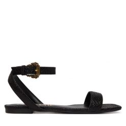 Sandały Versace Jeans Couture. Czarne sandały Versace Jeans Couture, bez wzorów, z jeansu, bez obcasa, na płaskiej podeszwie, bez zapięcia. Za 631.99 zł.