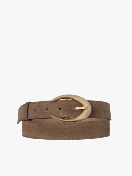 Ciemnobeżowy pasek ze skóry welurowej. Brązowe paski Ryłko, bez wzorów, z jeansu, eleganckie. Za 129.99 zł.