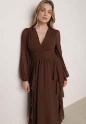 Brązowa Romantyczna Sukienka Koktajlowa z Falbanami i Marszczeniem w Pasie Aranilla. Brązowe sukienki Born2be, l, z aplikacjami, z materiału, klasyczne, bez kołnierzyka, bez ramiączek, maxi, rozkloszowane. Za 199.99 zł.
